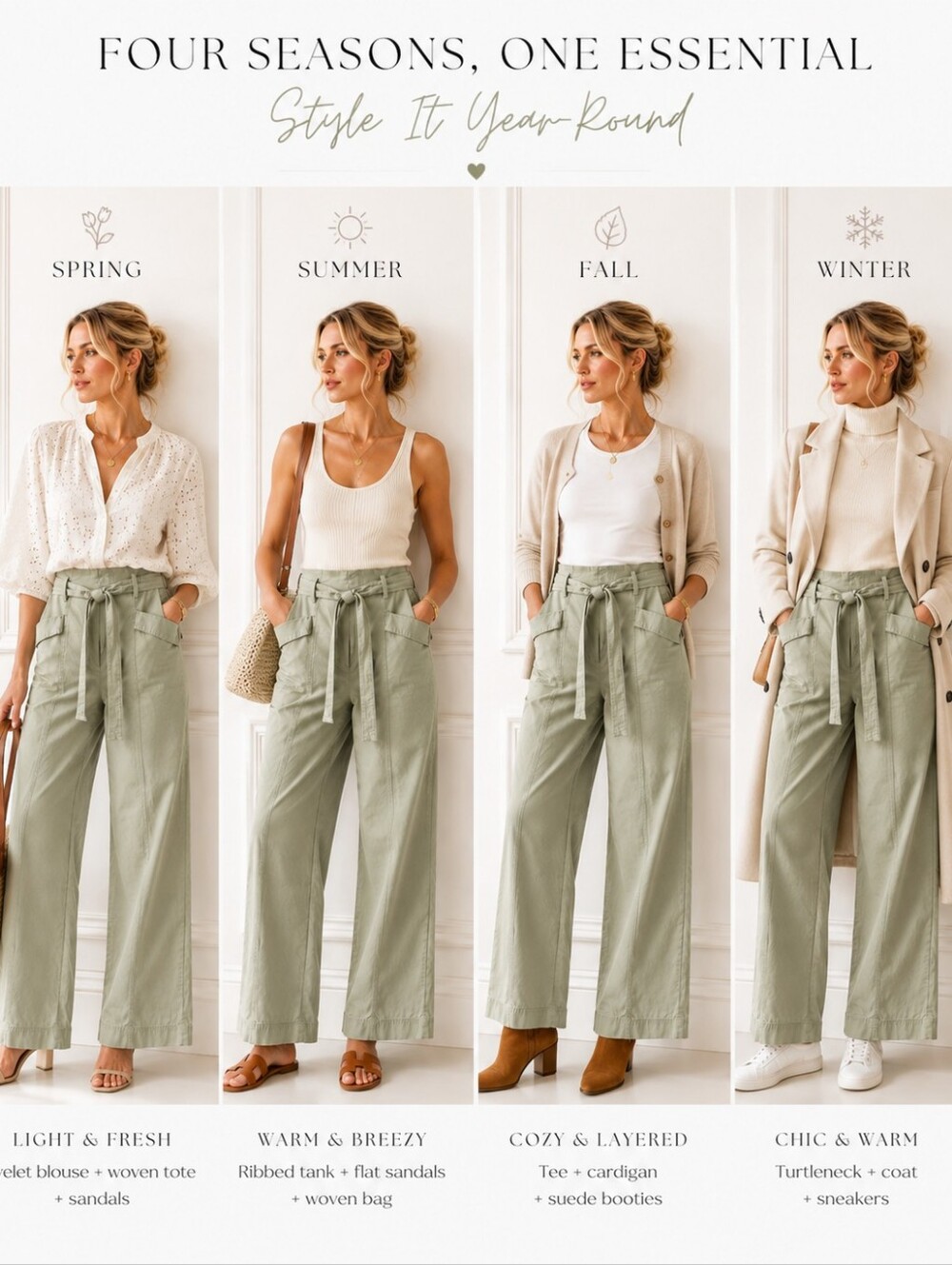 A New Day Sage Green Paperbag Wide Leg Pants | Size 12 | Belted Utility - Picture 5 of 11